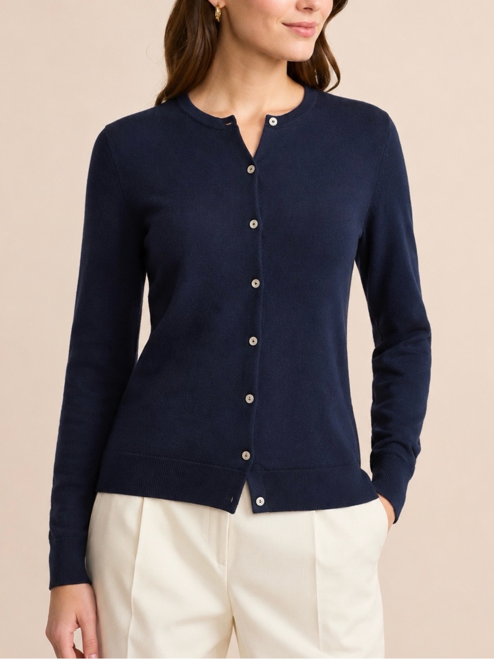 Brooks Brothers Cardigan Sweater Womens Large Navy Blue Saxxon Wool Crew Neck - Picture 1 of 13